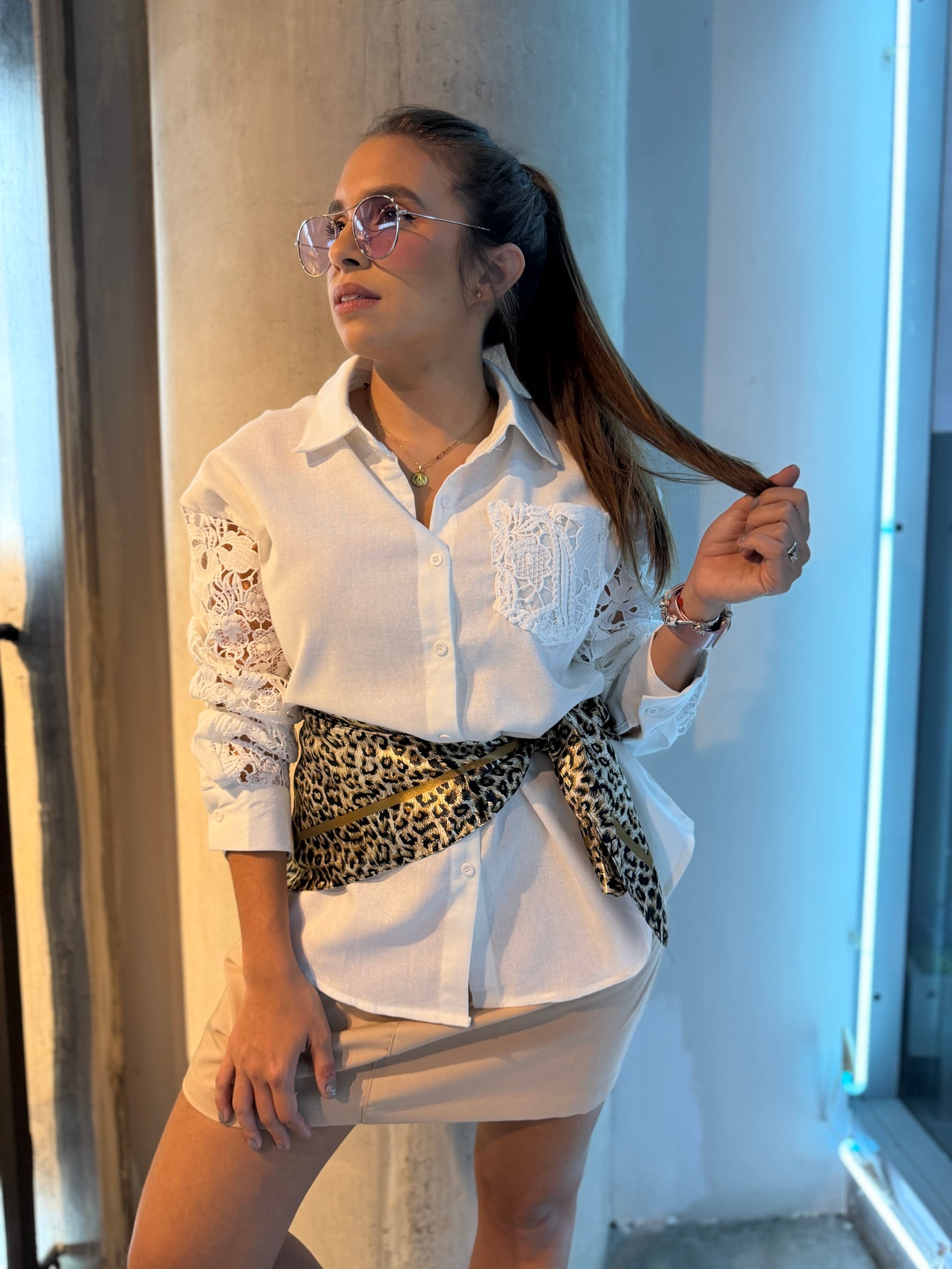 Camisa manga larga lino con tejido blanca