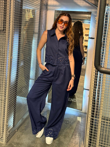 Set Navy chaleco crochet con pantalón