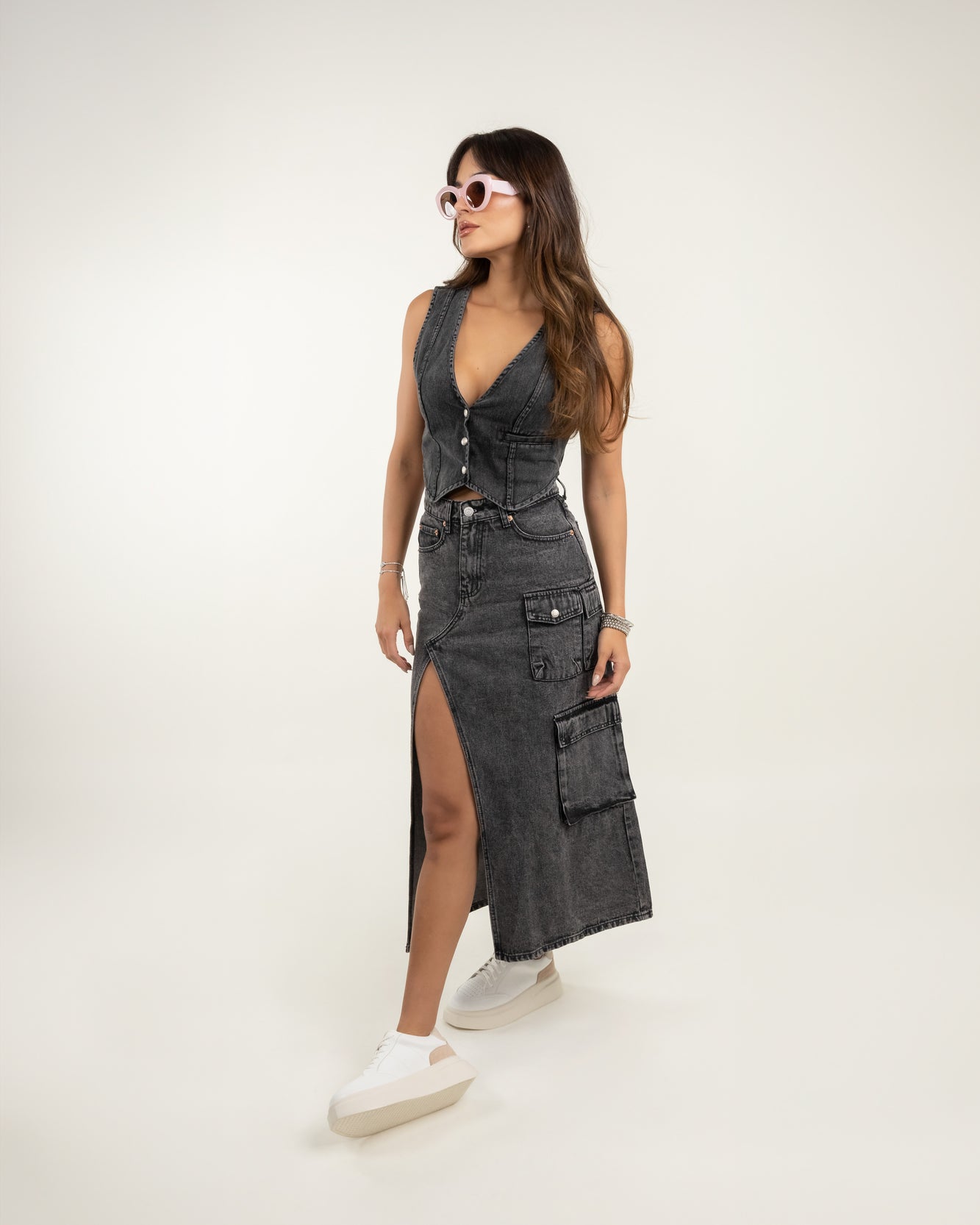 Maxi falda cargo de jean negro vintage